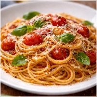 Knoflook, olijfolie, Spaanse pepers in napolitanasaus, dit gerecht is inclusief Italiaans brood.