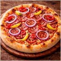 Tomaten, kaas, oregano, ui, pepers, peperoni